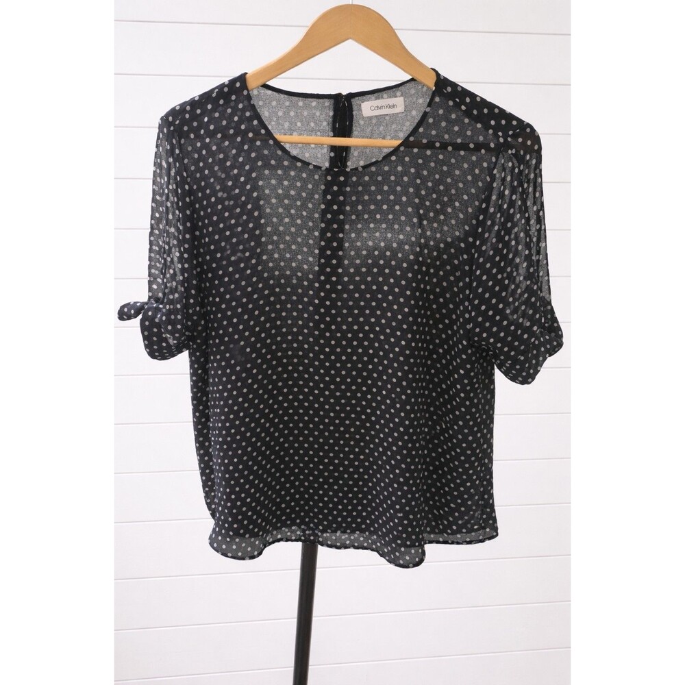 Calvin Klein Sheer Black & White Polka Dot Crew Neck Short Sleeve  Ties Blouse L